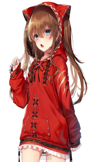 Anime girl with brown hair and blue eyes wearing a red hoodie