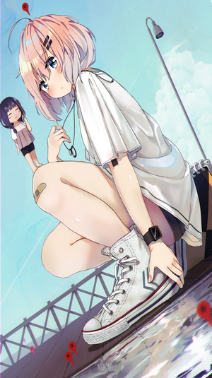 Anime girl with pink hair and blue eyes wearing a T-shirt and sneakers