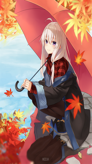 Anime girl with white hair and purple eyes under an umbrella