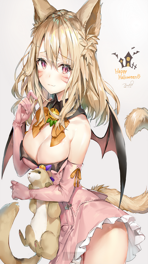 Anime girl with cat ears and bat wings holding a stuffed animal