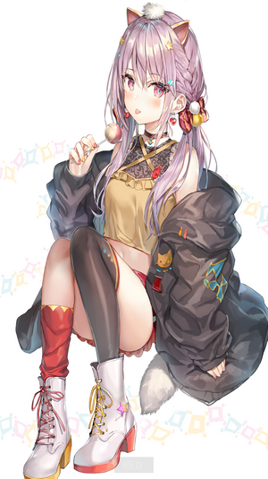 Anime girl with pink hair and cat ears holding a lollipop