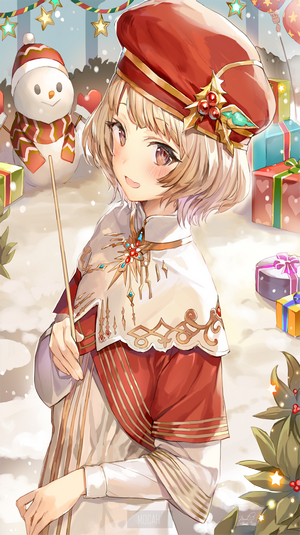Anime girl in Christmas outfit holding a stick