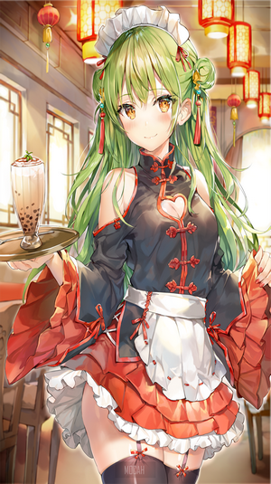 Anime girl in maid outfit serving bubble tea