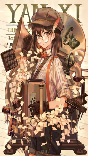 Anime girl with glasses playing accordion and drums