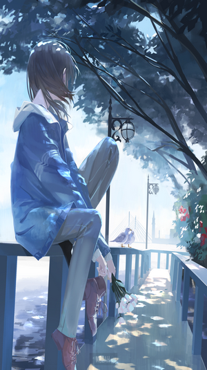 Anime girl sitting by a fence with flowers and birds