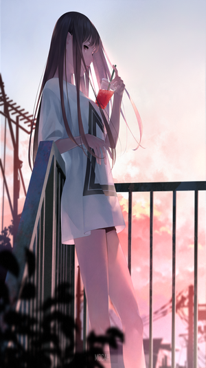 Anime girl with long hair drinking from a cup