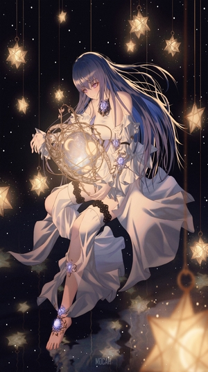 Anime girl with blue hair holding a celestial orb
