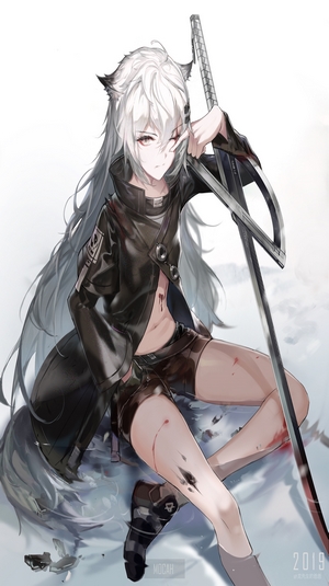 Lappland from Arknights with a sword and blood