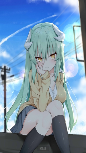 Anime girl with green hair and yellow eyes
