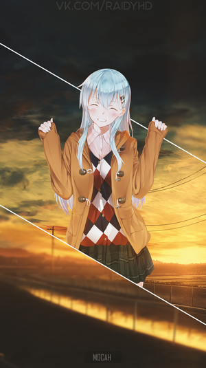 Anime girl with blue hair in a brown coat