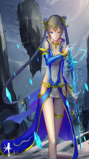 Anime girl with blue dress and sword