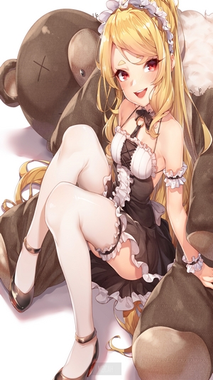 Anime girl with blonde hair and red eyes in a maid outfit