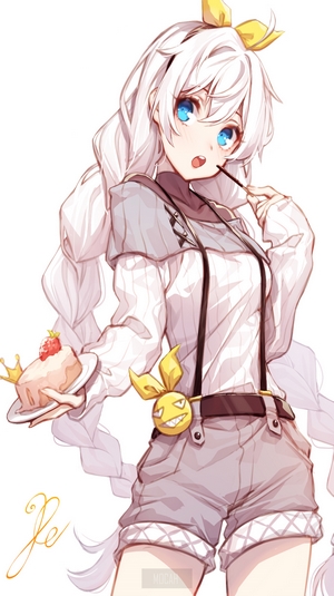 Anime girl with white hair eating cake
