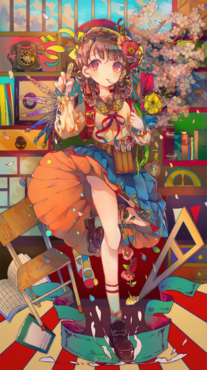 Anime girl with art supplies and school items