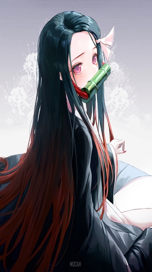 anime, anime girl, Kamado Nezuko, long hair, black hair, pink eyes ...