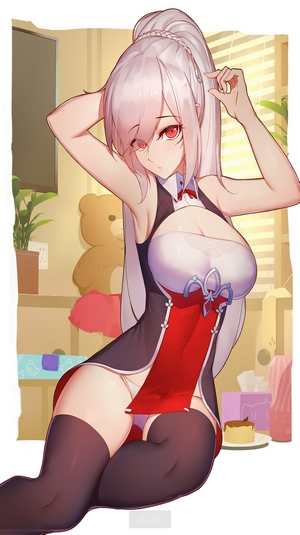 Dunkerque from Azur Lane adjusting her ponytail