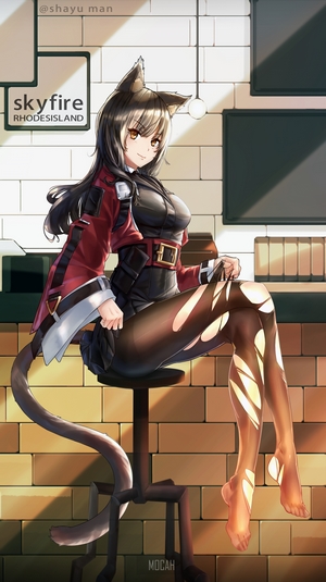 Skyfire from Arknights sitting on a stool