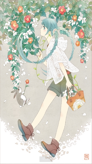 Anime girl with blue hair and rabbit among flowers