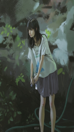 Anime girl with black hair in a t-shirt and skirt