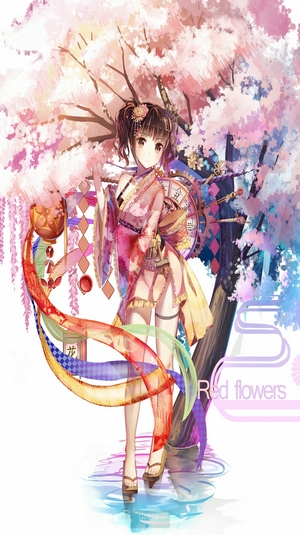 Anime girl in kimono under cherry blossom trees