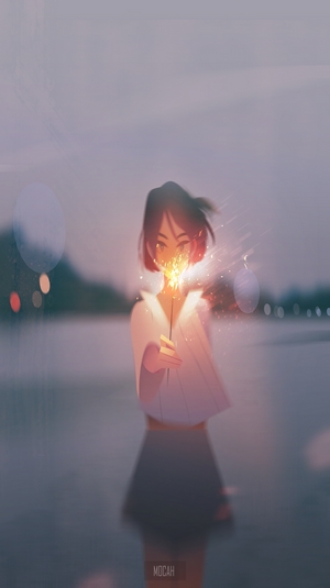 Anime Girl Holding Sparkler in Soft Light