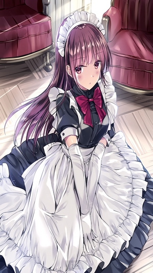 Anime maid girl with long purple hair and gloves