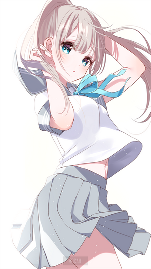 anime, anime girl, long hair, gray hair, blue eyes, arms up, school ...