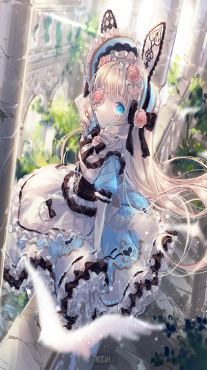 Anime girl with blonde hair and blue eyes in a dress