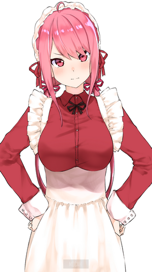 Anime maid girl with pink hair and red eyes
