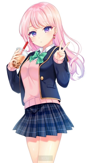 Anime girl with pink hair holding bubble tea