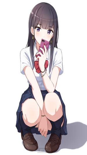 Anime girl with black hair and purple eyes holding a phone