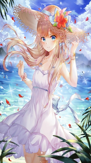 Anime girl in a white dress and hat at the beach