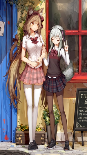 Two anime girls with animal ears and tails in school uniforms