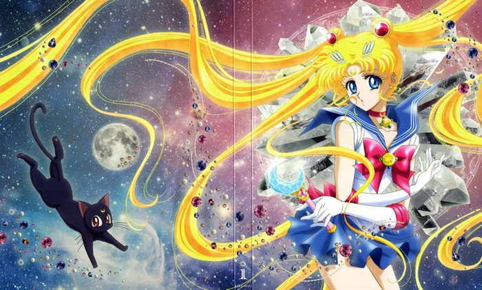 Sailor Moon with Luna Floating in Space