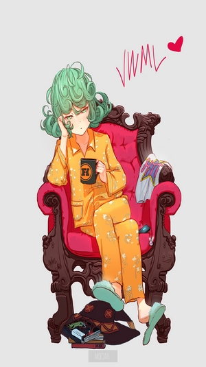 Tatsumaki from One-Punch Man in pajamas with a witch hat
