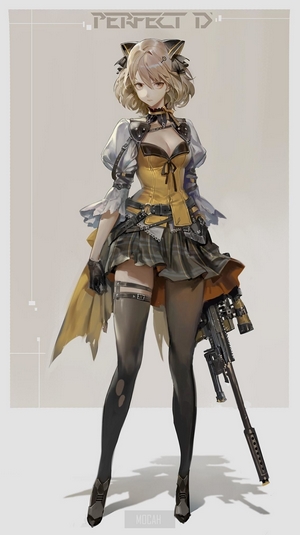 Anime girl with blonde short hair and a sniper rifle
