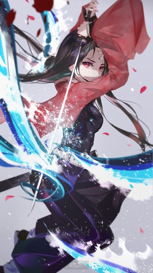 Anime girl with black hair and red eyes wielding a katana