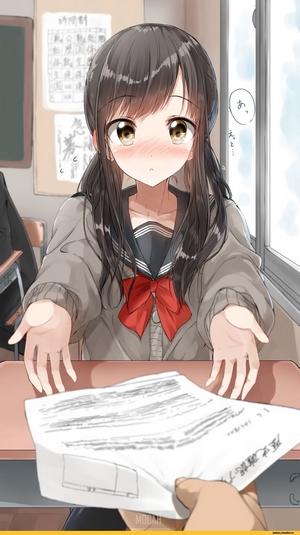 Anime girl in school uniform handing paper