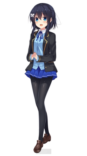 Anime girl with short black hair and blue eyes in school uniform