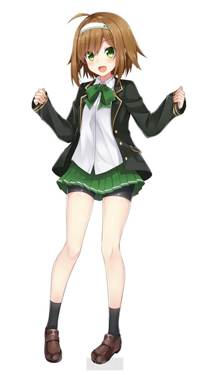Anime girl with short brown hair and green eyes in school uniform