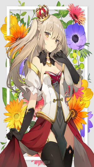 Anime girl with blonde ponytail and crown surrounded by flowers