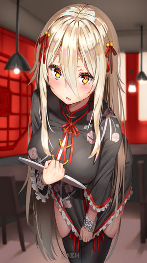 Anime girl with blonde hair and yellow eyes in a black dress