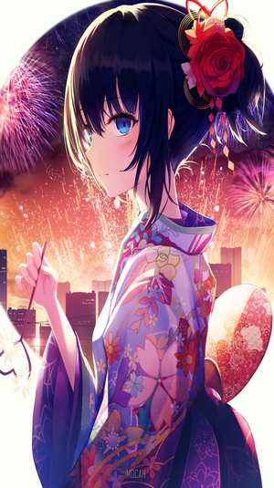 Anime girl in kimono with fireworks