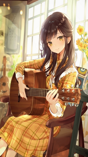 Anime girl playing guitar in a room