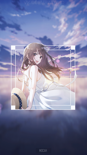 Anime girl in a white dress holding a straw hat