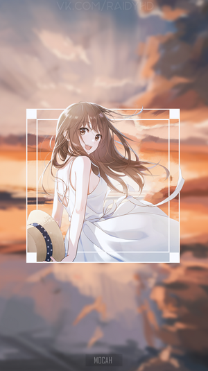 Anime girl in white dress holding a straw hat