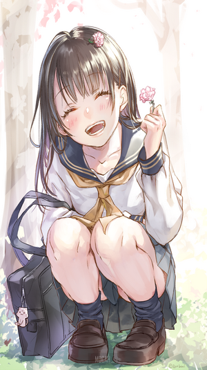 Anime girl with flower in hair and school uniform