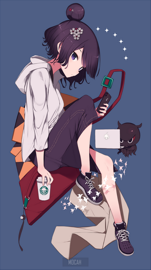 Katsushika Hokusai from Fate/Grand Order with phone and laptop