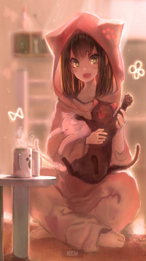 Anime girl in pajamas holding cats with mugs of tea