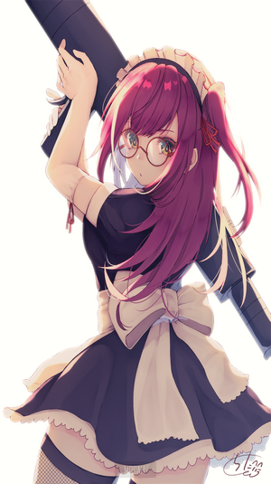 Anime girl with purple hair, glasses, and maid outfit holding a bazooka